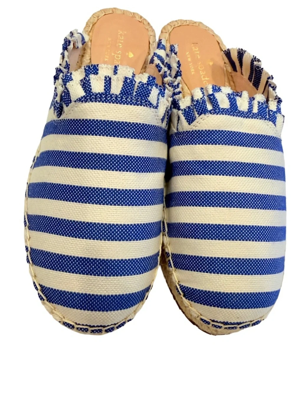 Kate Spade Laila Blue & Ivory Ruffle Espadrilles Mules Size 7.5 Slide Shoes NIB